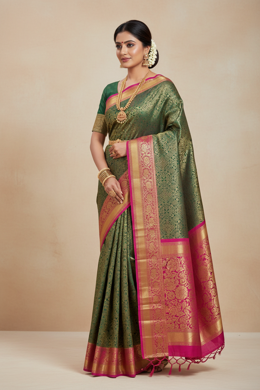Green Kanjivaram Silk Saree on Model