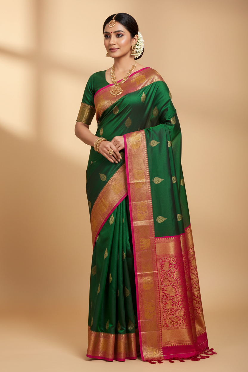 Green & Magenta Silk Saree Model