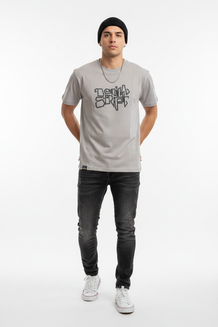 Grey Graffiti Script T-Shirt on Male Model