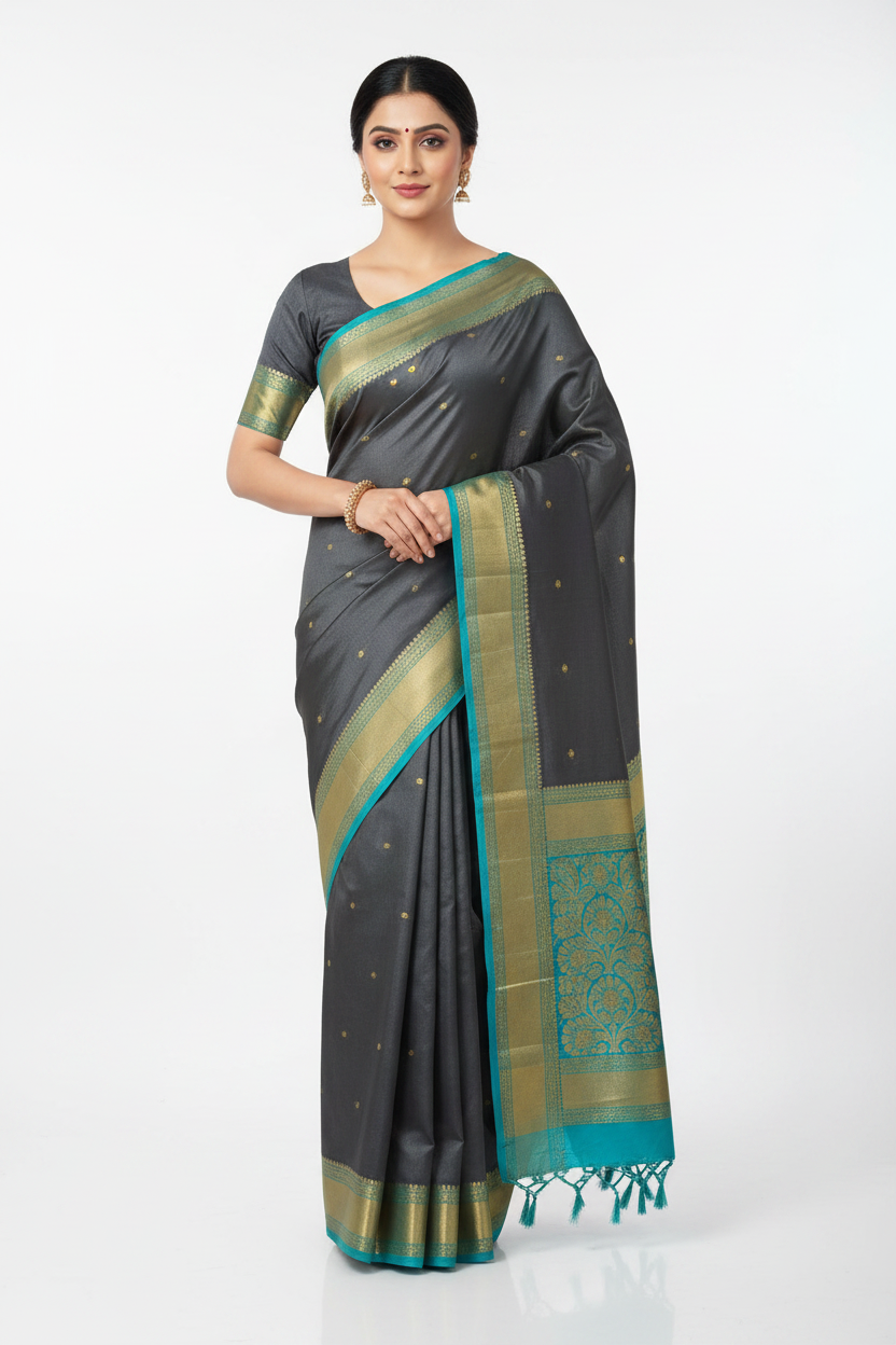 Grey & Teal Silk Saree Model
