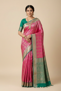 Hot Pink & Emerald Green Banarasi Saree on Model