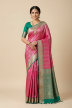 Hot Pink & Emerald Green Banarasi Saree on Model