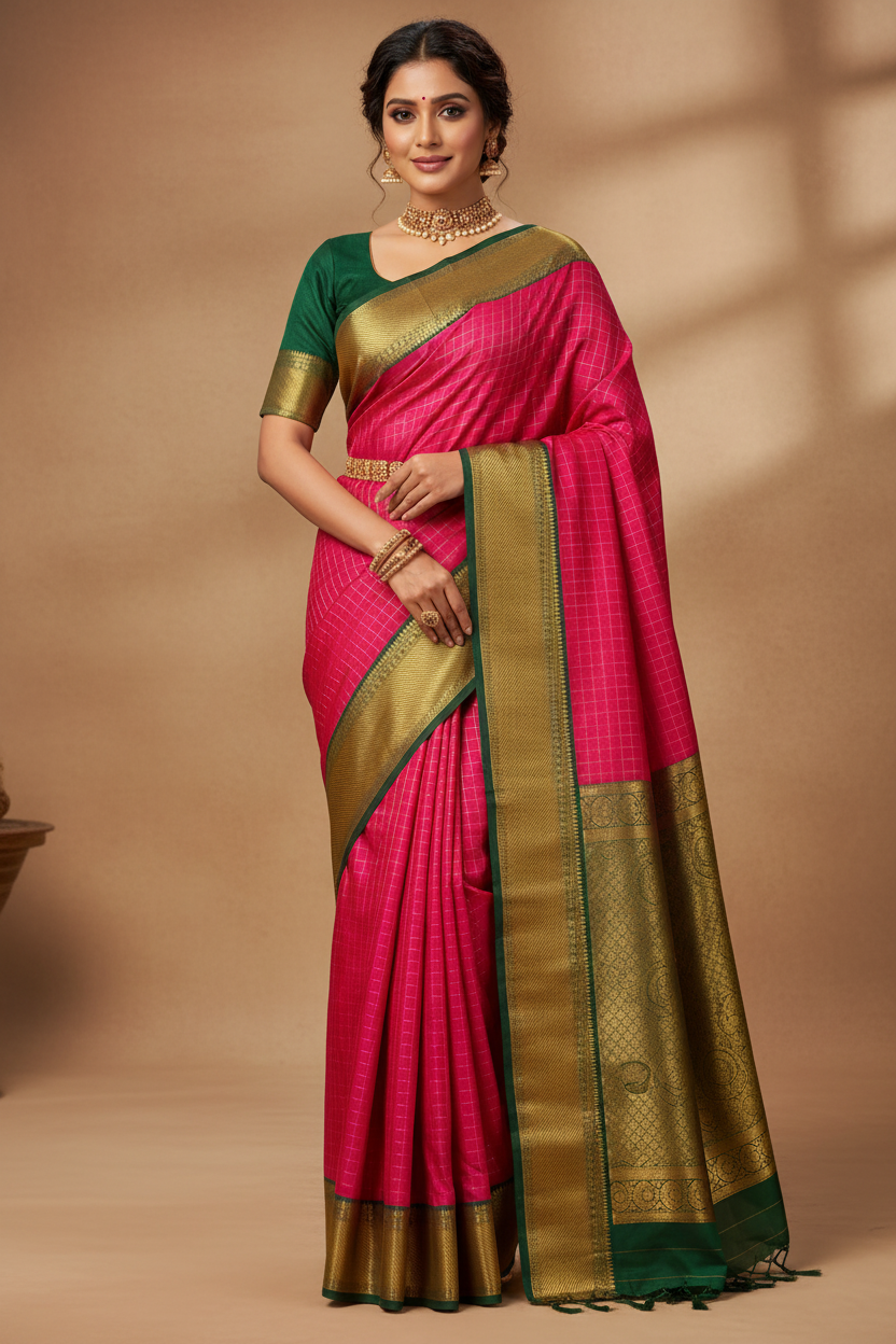 Hot Pink & Green Silk Saree Model