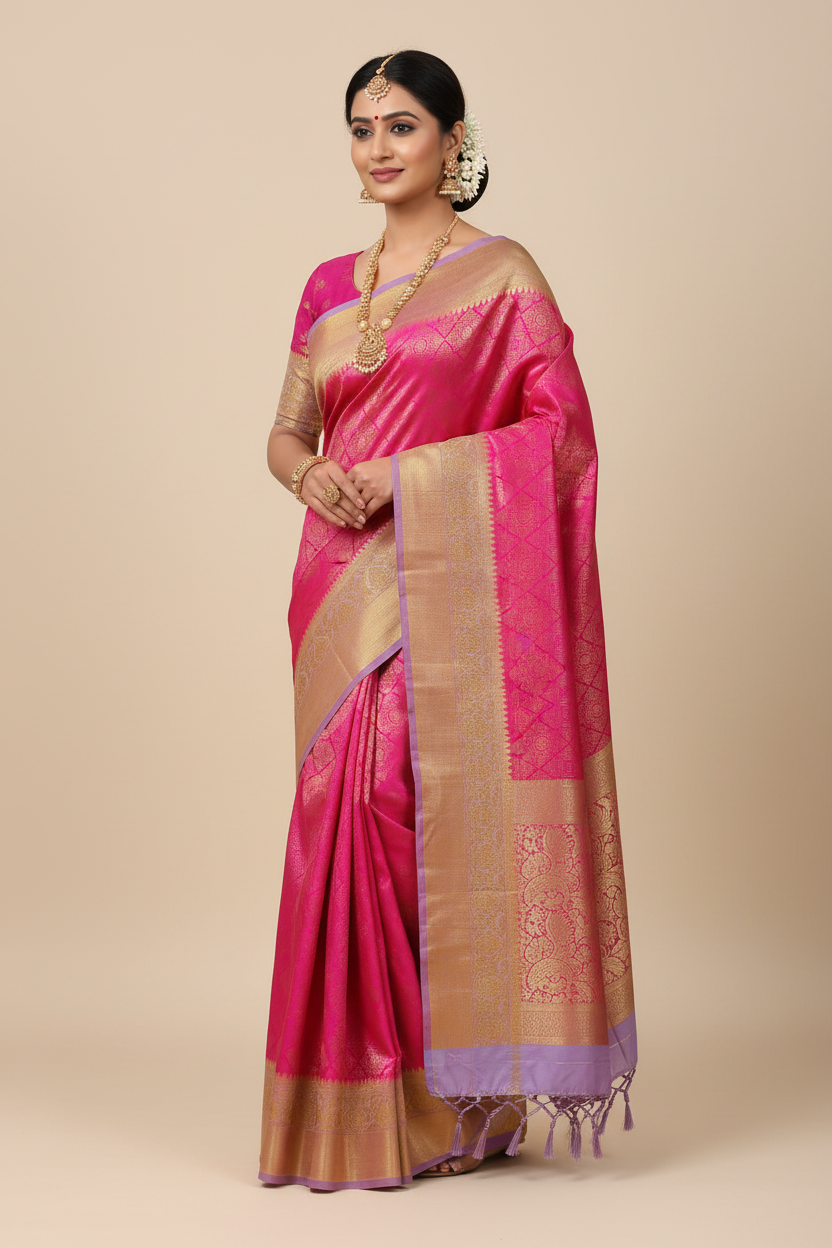 Hot Pink & Lavender Kanjivaram Saree on Model