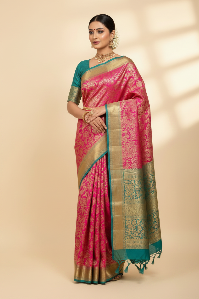 Hot Pink Teal Border Saree Model Retry