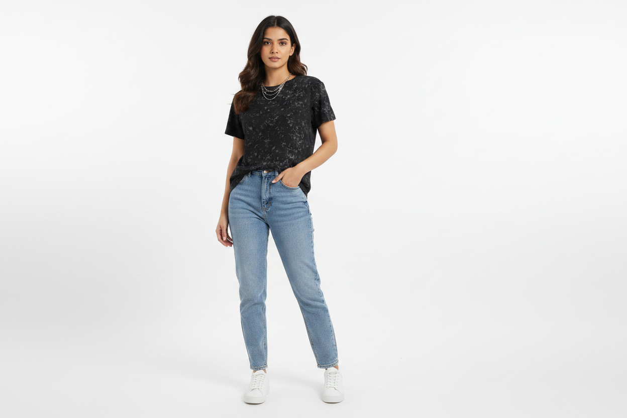 Indian Female Model in Black Marble Print T-Shirt