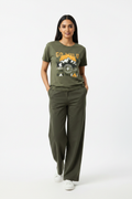 Indian Female Model in Olive Green Adventure Graphic Tee