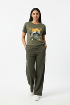 Indian Female Model in Olive Green Adventure Graphic Tee