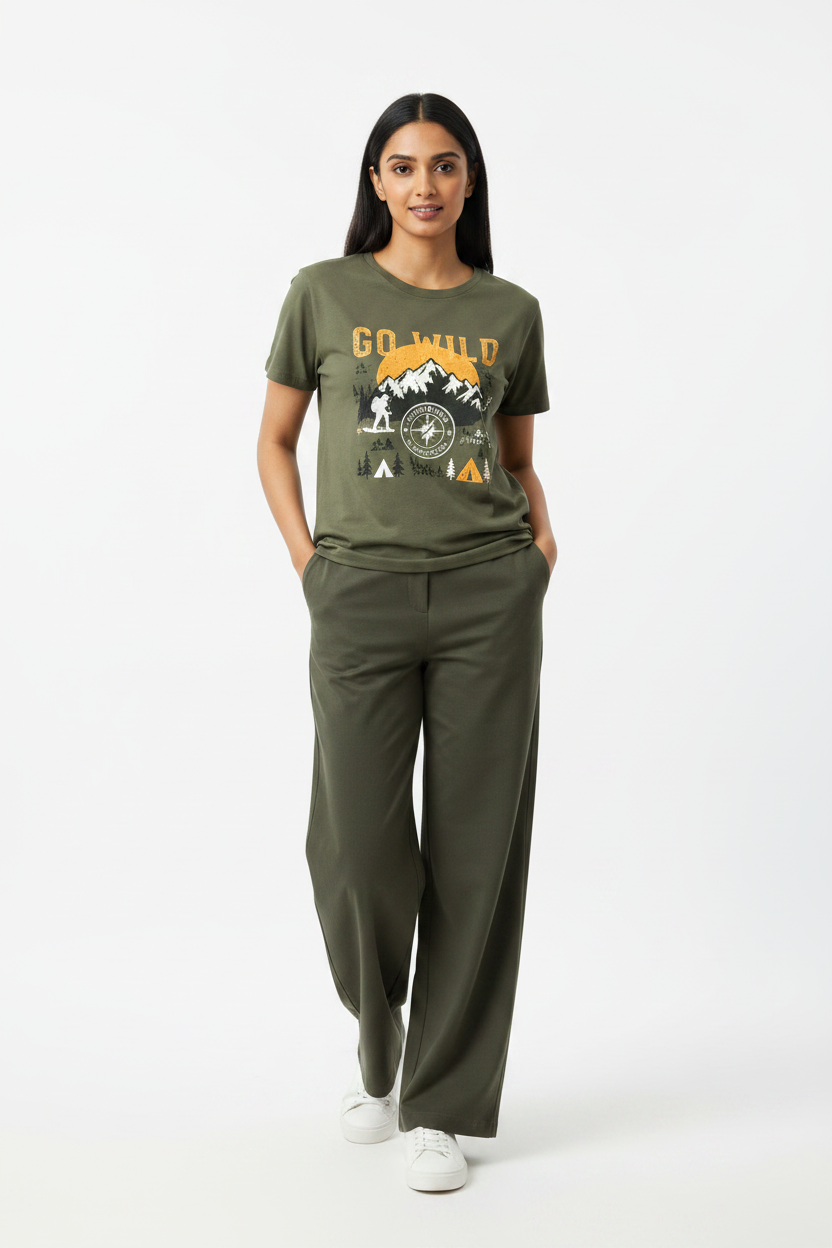 Indian Female Model in Olive Green Adventure Graphic Tee