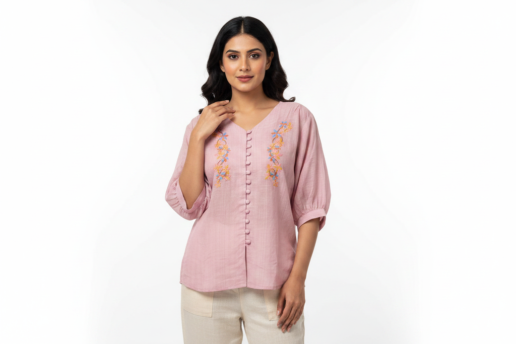 Indian Female Model in Pink Embroidered Blouse