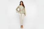 Indian Female Model in Sage Green Botanical Peplum Blouse