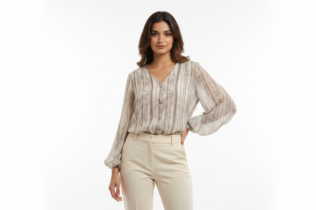 Indian Female Model in Striped Chiffon Blouse