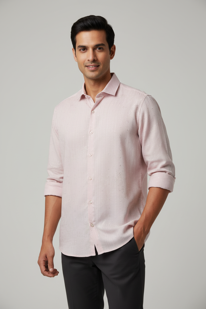 Indian Male Model in Blush Pink Silver Glitter Shimmer Shirt