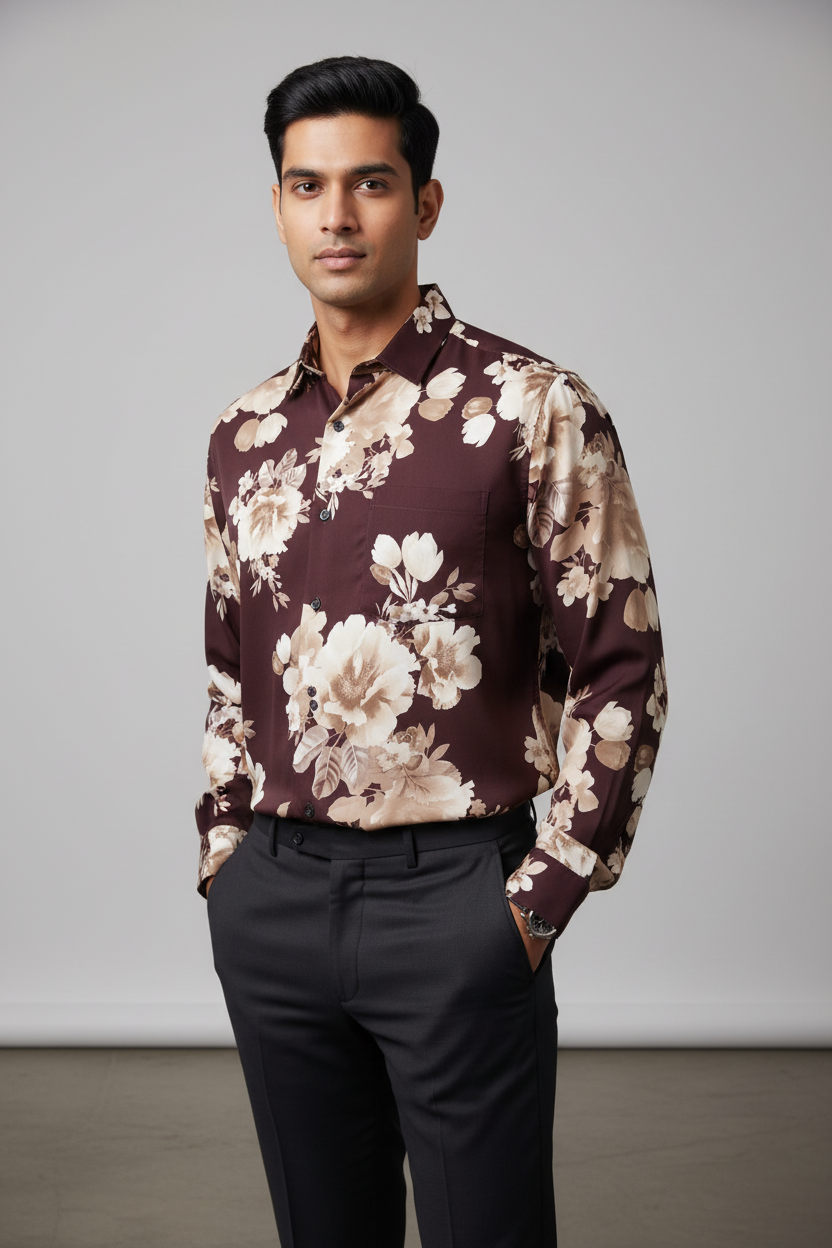 Indian Male Model in Burgundy Cream Floral Print Shirt