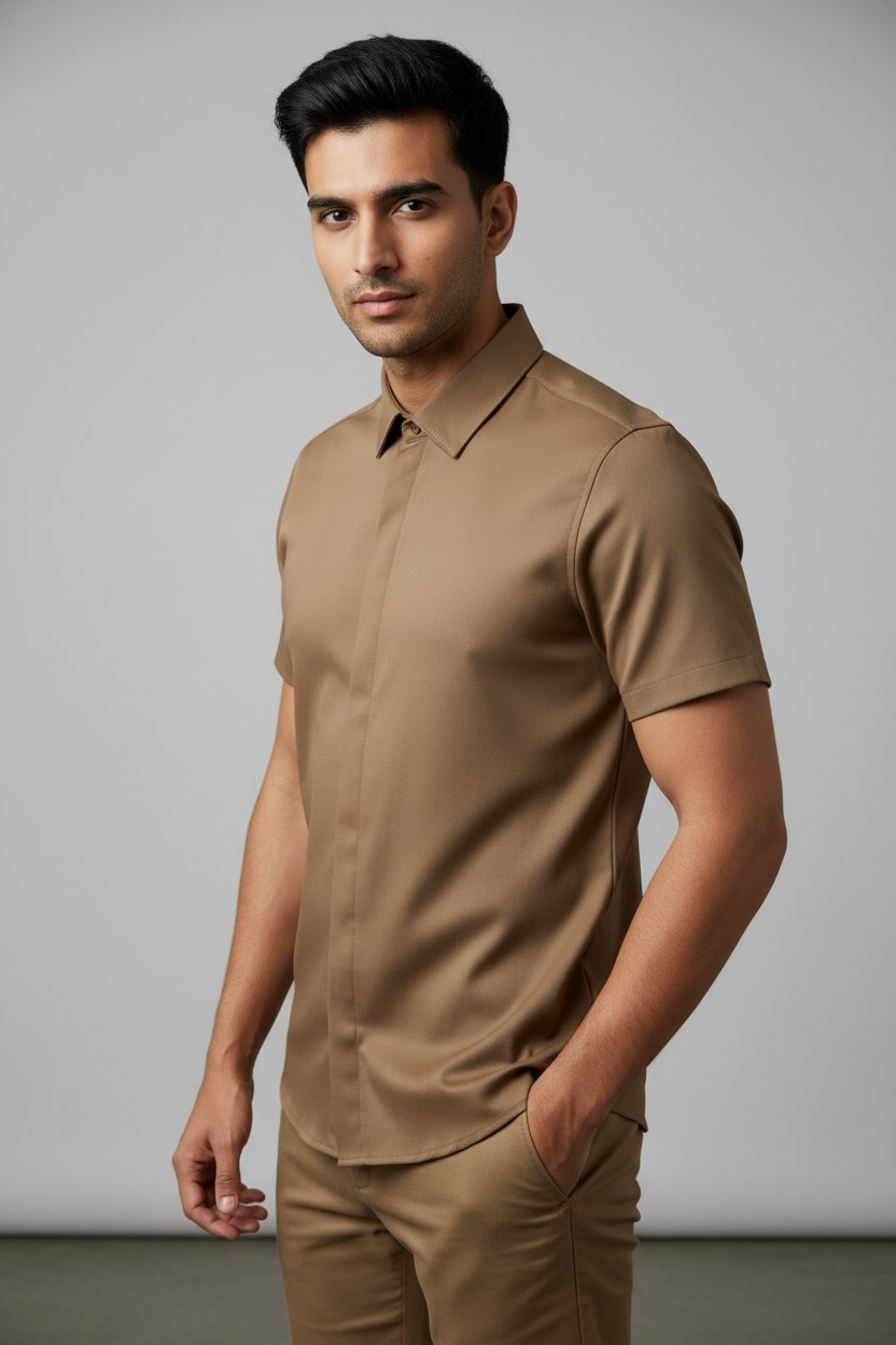 Indian Male Model in Camel Brown Half Sleeve Shirt
