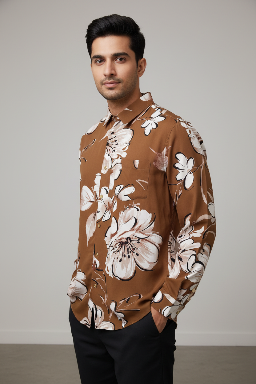 Indian Male Model in Caramel Brown Floral Print Shirt