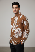 Indian Male Model in Caramel Brown Floral Print Shirt