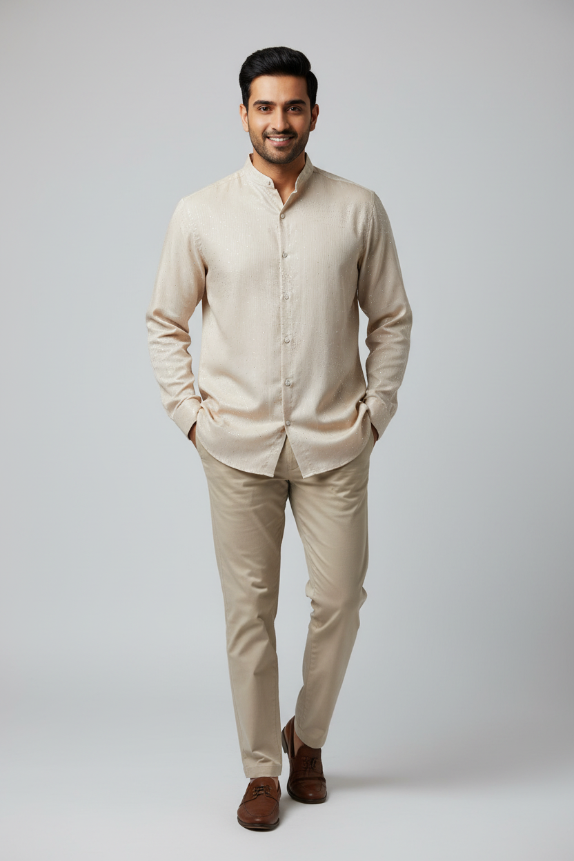Indian Male Model in Champagne Beige Glitter Shimmer Shirt