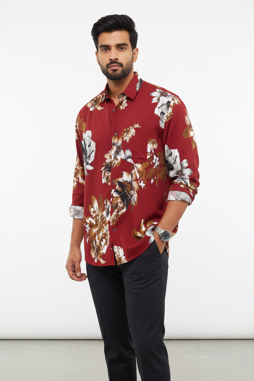 Indian Male Model in Crimson Red Floral Print Shirt