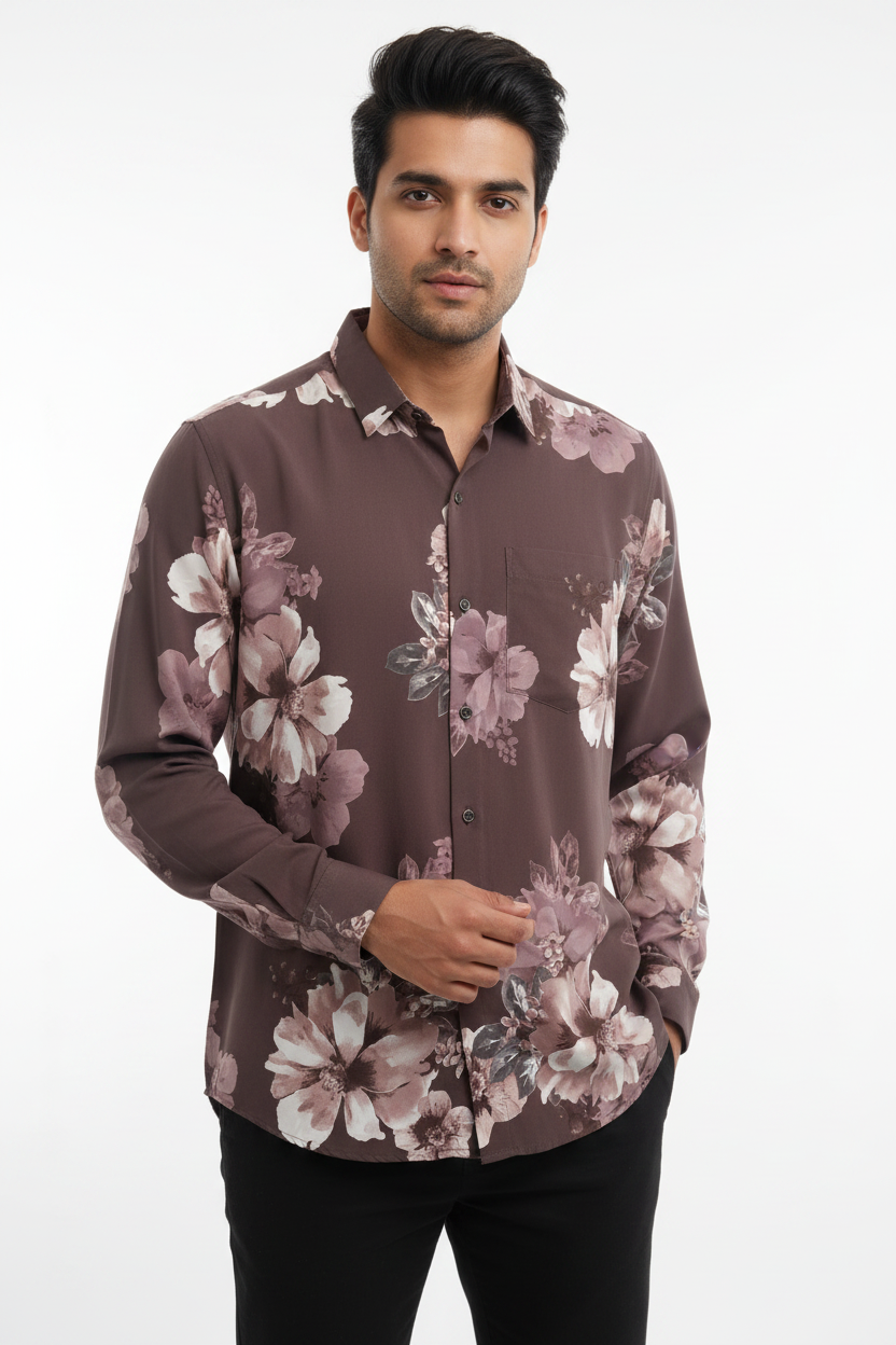 Indian Male Model in Dark Brown Floral Print Shirt