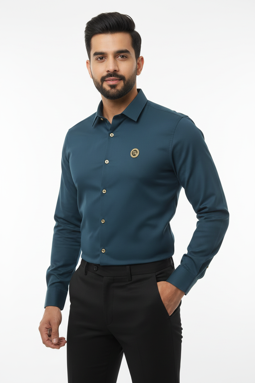Indian Male Model in Dark Teal Petrol Blue Shirt with Gold Badge