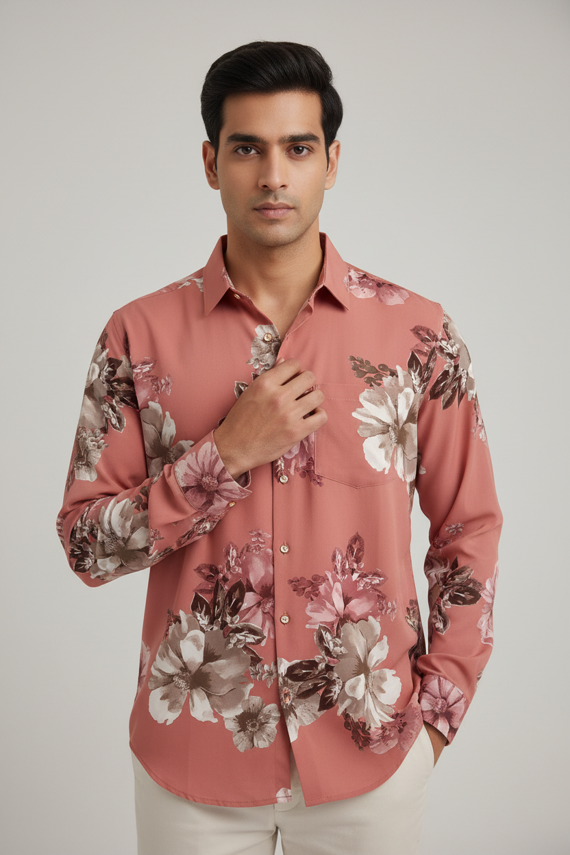 Indian Male Model in Dusty Rose Floral Print Shirt