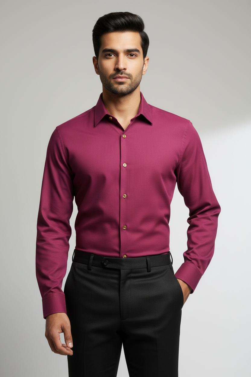 Indian Male Model in Magenta Wine Purple Long Sleeve Shirt