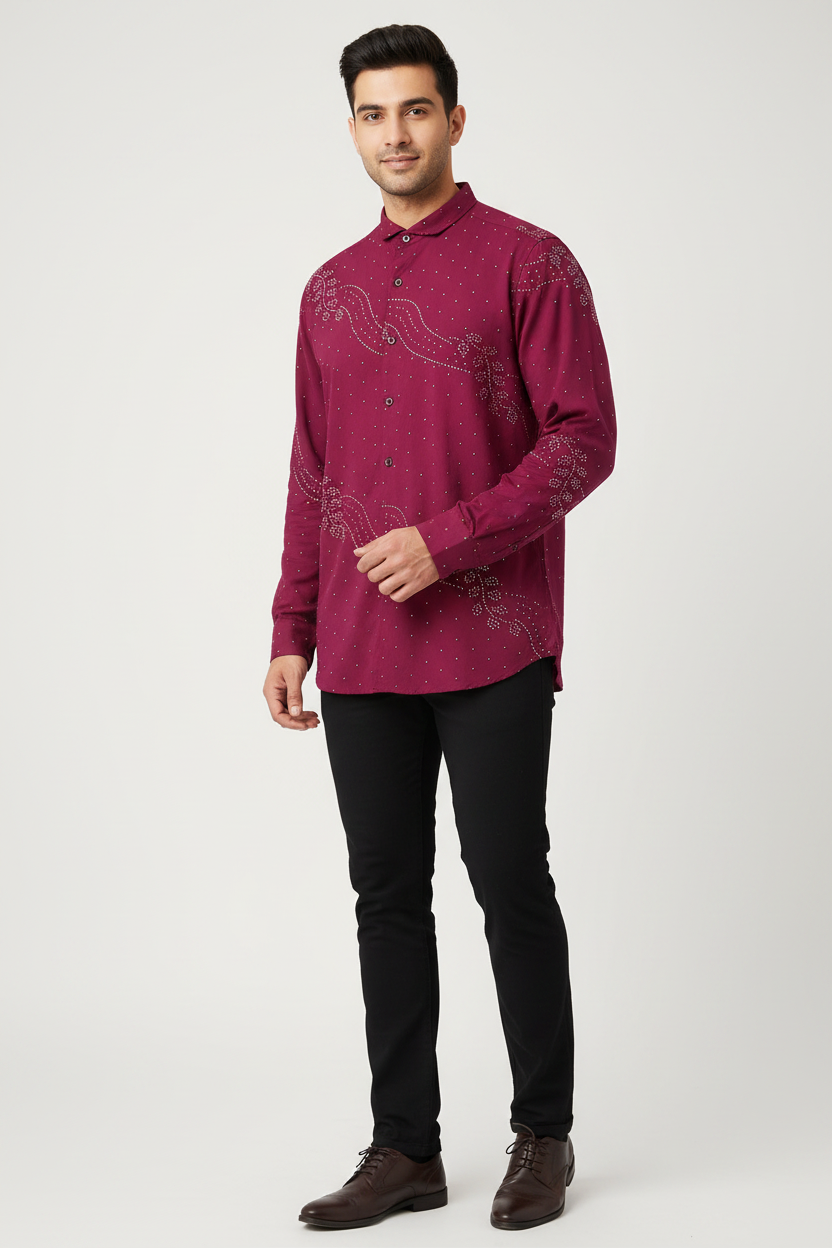 Indian Male Model in Magenta Wine Rhinestone Studded Shirt