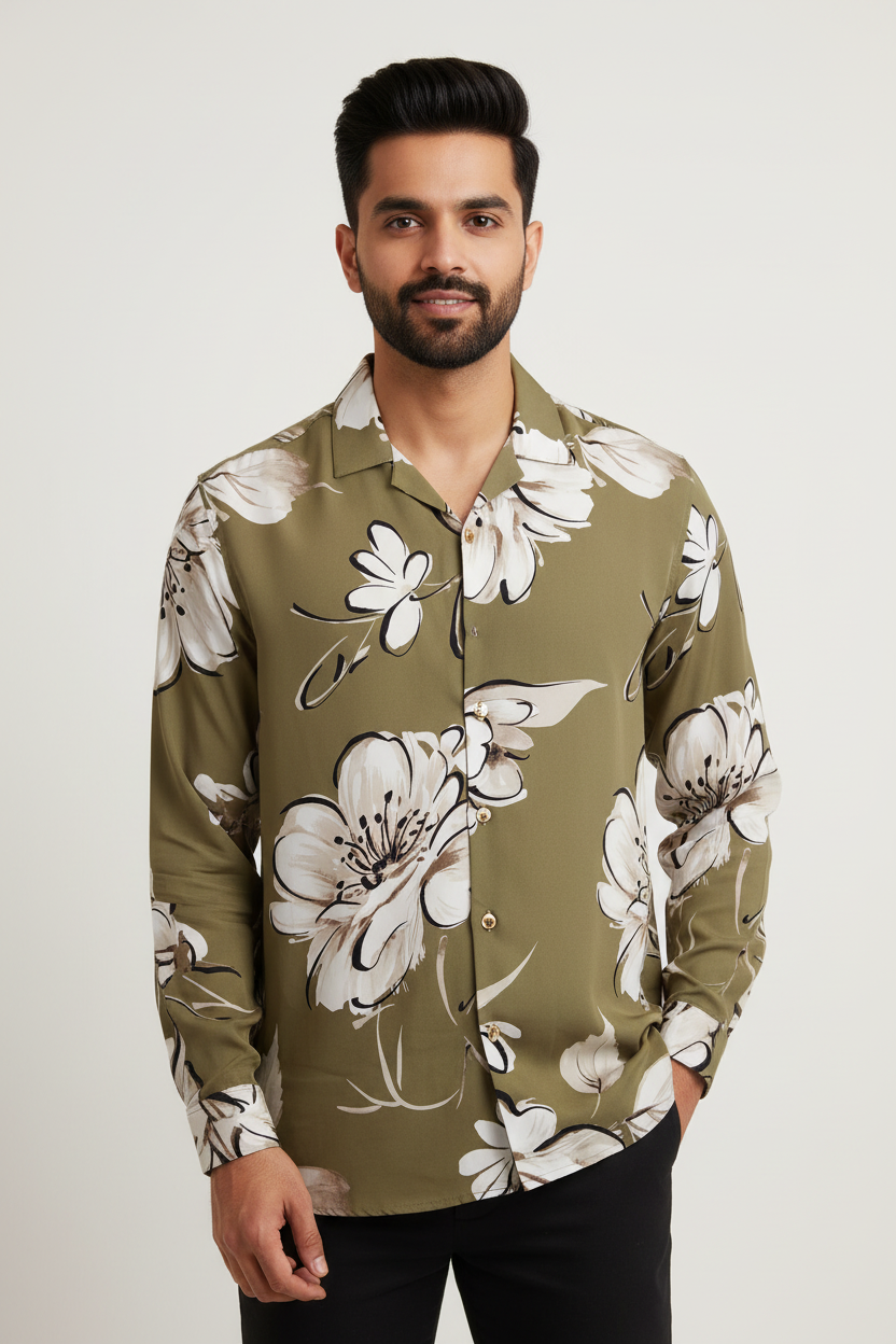 Indian Male Model in Olive Green Floral Print Shirt