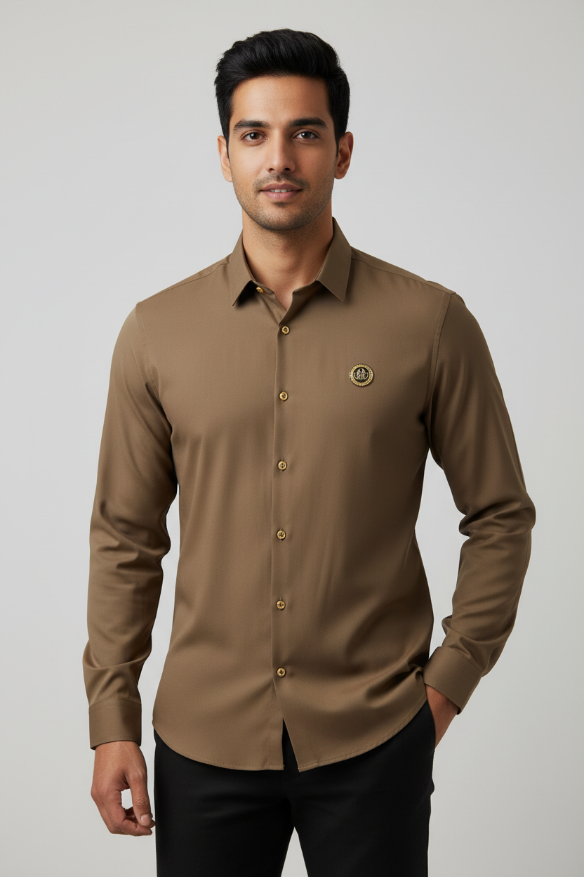 Indian Male Model in Olive Khaki Brown Shirt with Gold Badge