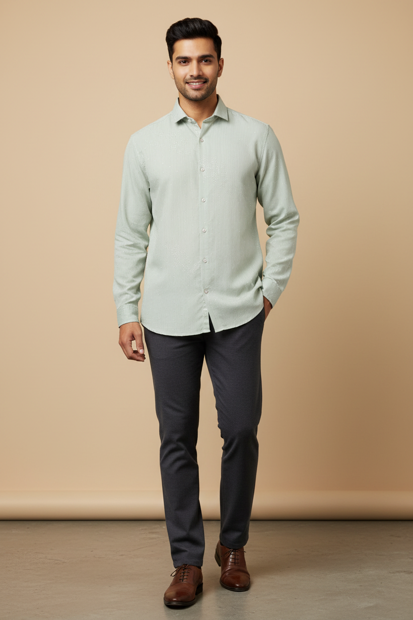 Indian Male Model in Sage Green Silver Glitter Shimmer Shirt