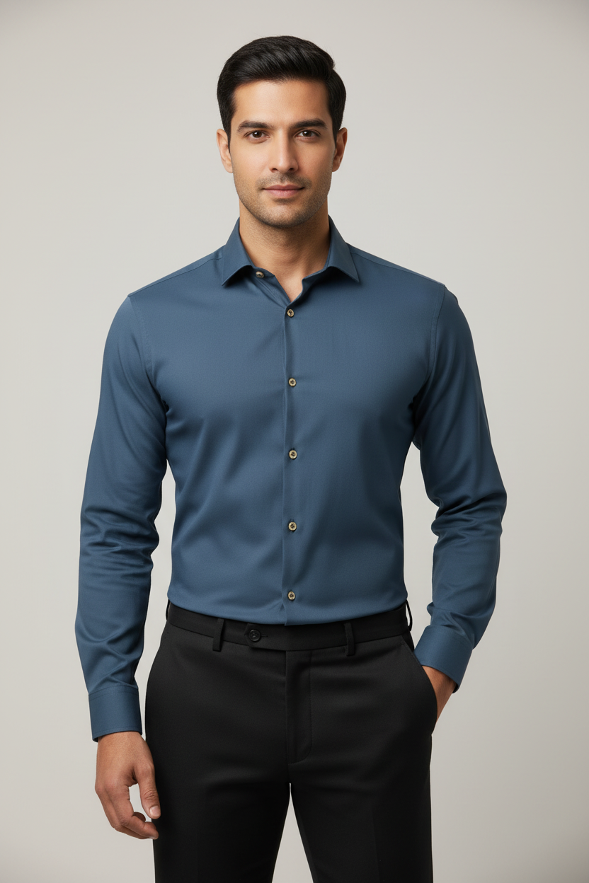 Indian Male Model in Slate Blue Long Sleeve Shirt