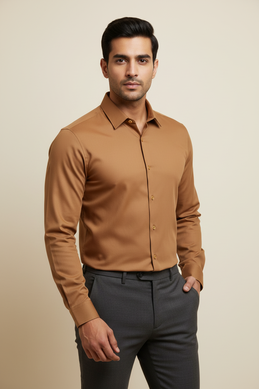 Indian Male Model in Tan Caramel Brown Long Sleeve Shirt