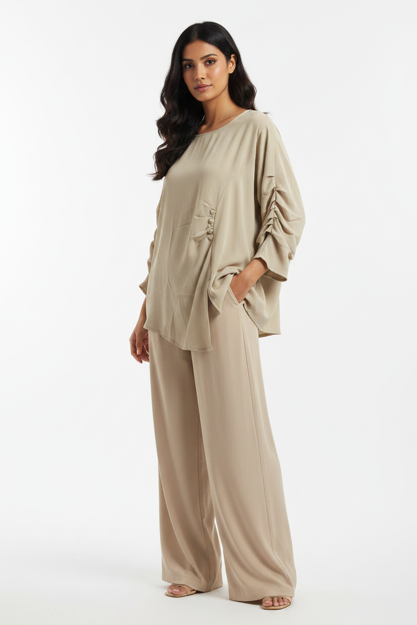 Indian Model in Beige Ruched Sleeve Top