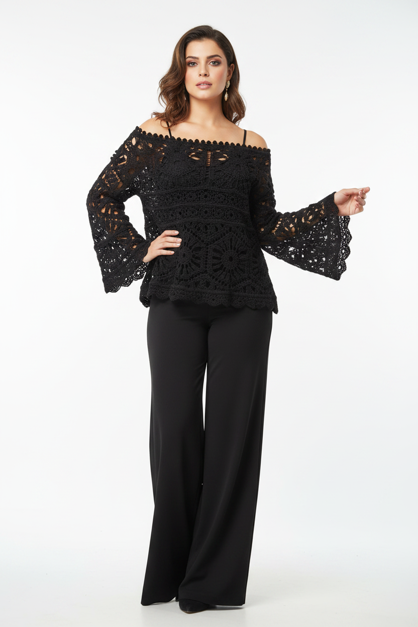 Indian Model in Black Crochet Lace Top