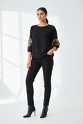 Indian Model in Black Floral Embroidered Sleeve Top