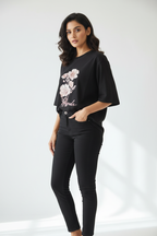 Indian Model in Black Floral Watercolor Print T-Shirt