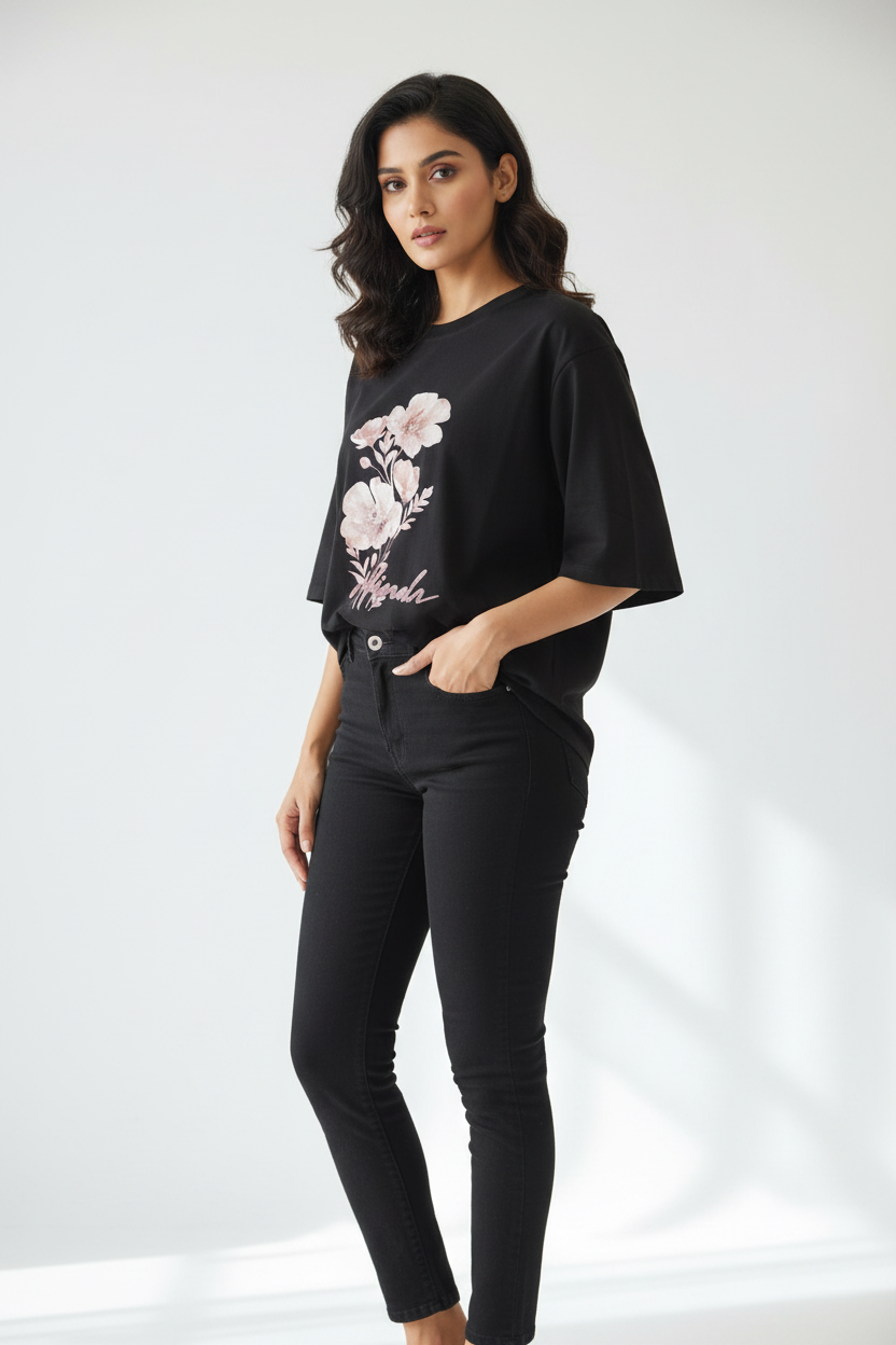 Indian Model in Black Floral Watercolor Print T-Shirt