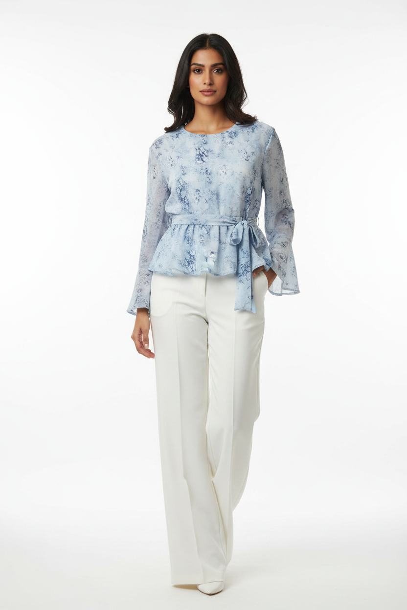 Indian Model in Blue Botanical Print Chiffon Peplum Top