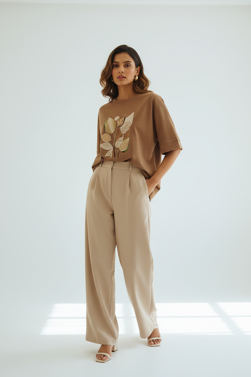 Indian Model in Caramel Brown Botanical Leaf T-Shirt