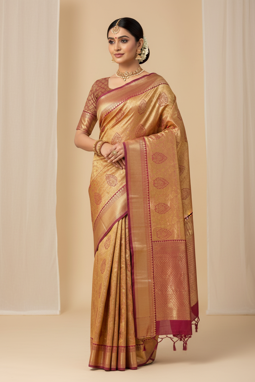 Indian Model in Cream Banarasi Saree with Wine Border