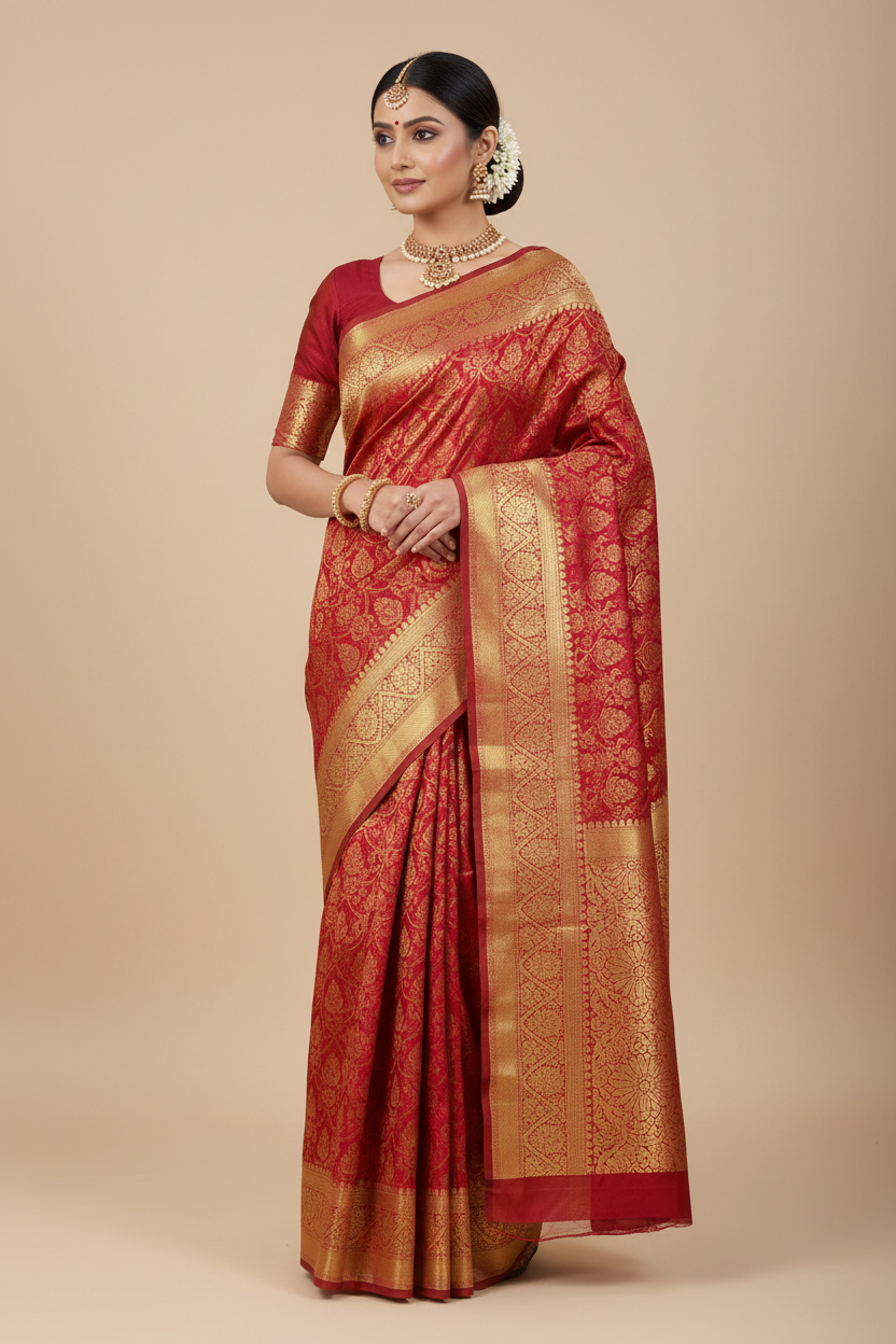Indian Model in Crimson Red Kanjivaram with Gold Border