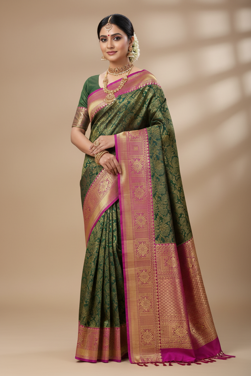 Indian Model in Dark Green Kanjivaram with Magenta Border