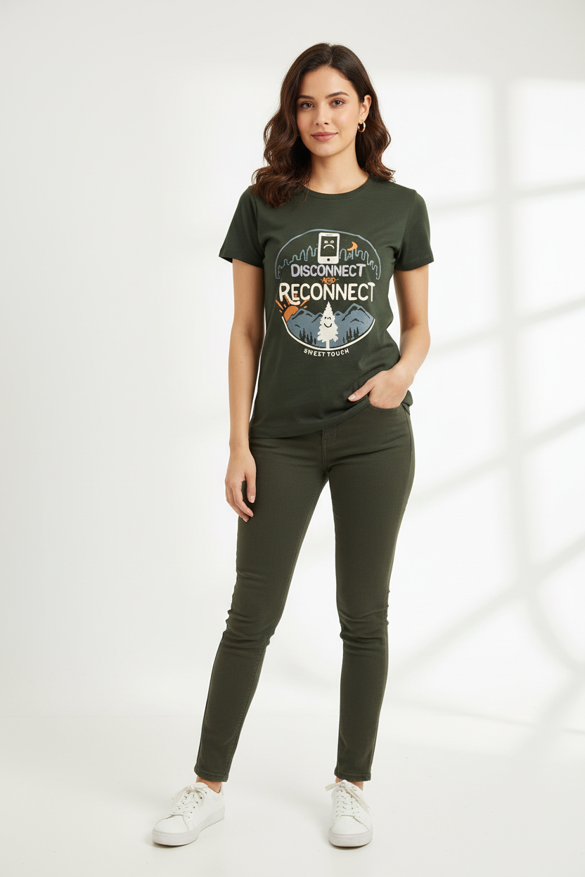 Indian Model in Dark Olive Disconnect & Reconnect Graphic Tee