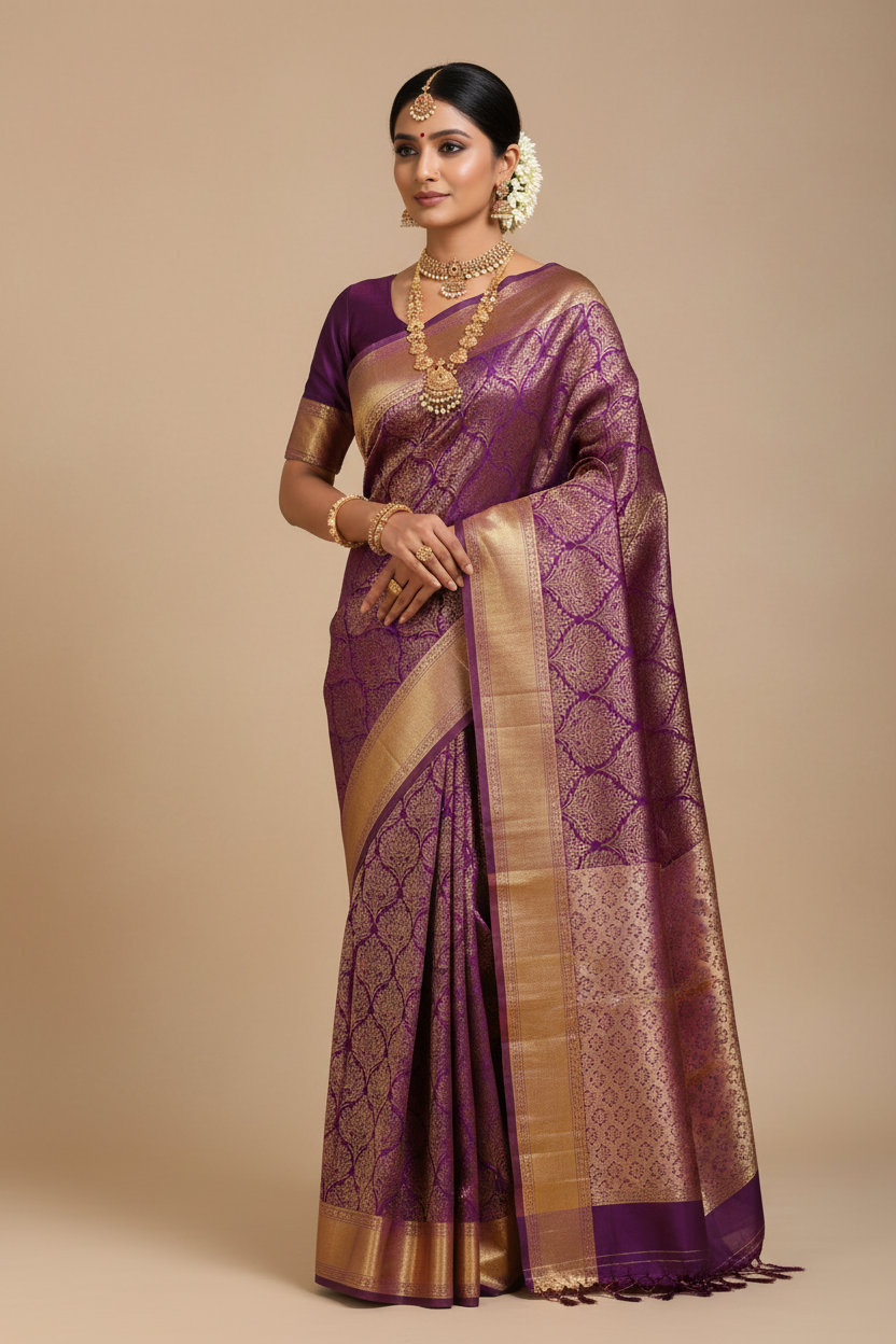 Indian Model in Deep Purple and Lavender Kanjivaram Saree
