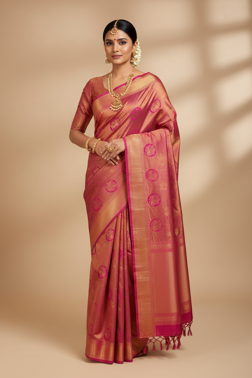 Indian Model in Dusty Rose Kanjivaram with Peacock Medallion Motifs