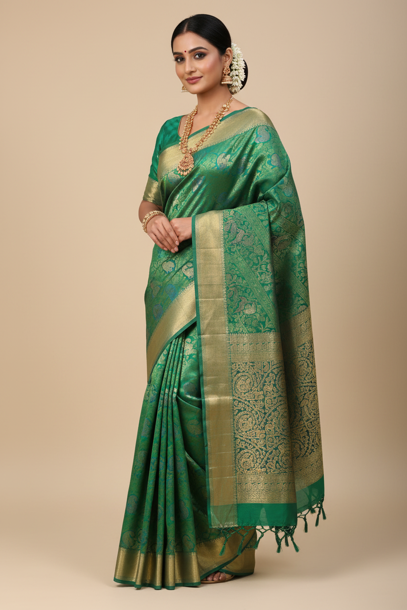 Indian Model in Emerald Green Kanjivaram Saree
