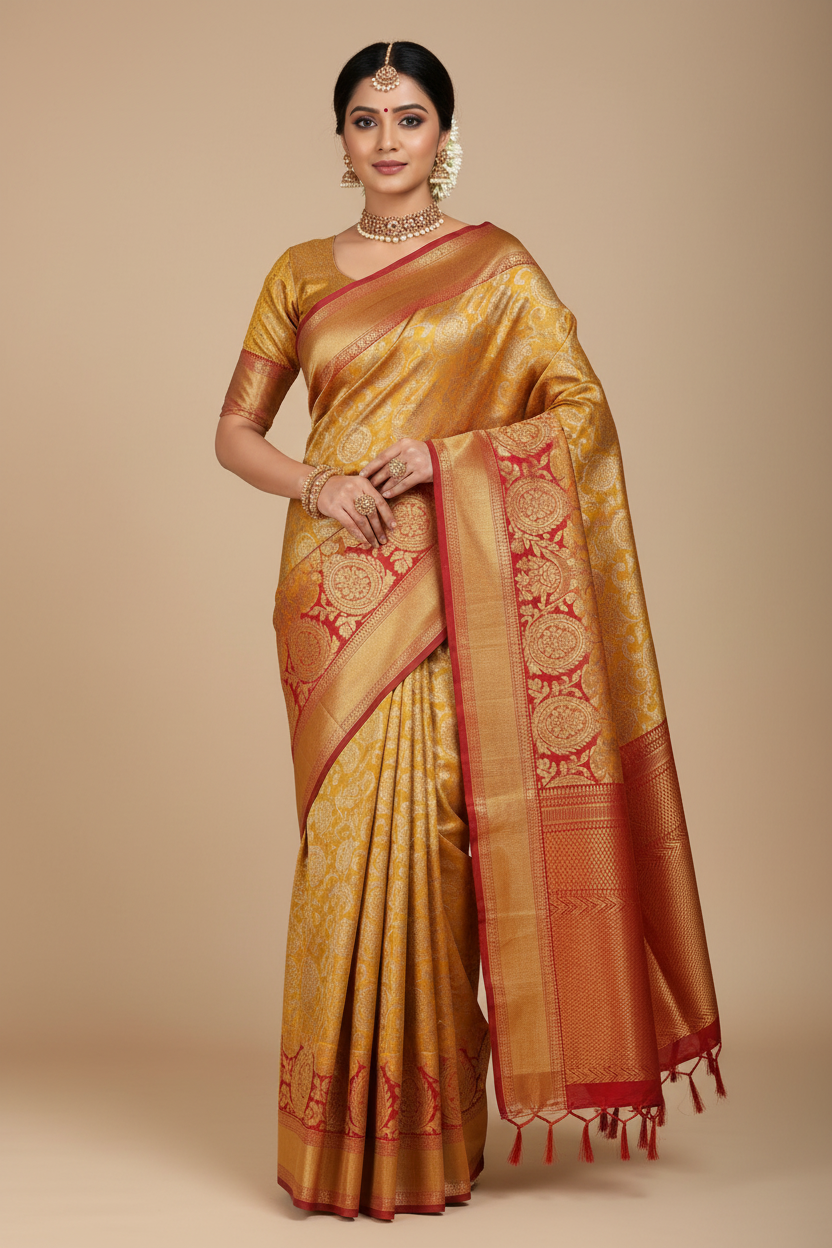 Indian Model in Gold Tissue Kanjivaram with Red Border