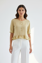 Indian Model in Golden Yellow Satin Peplum Top
