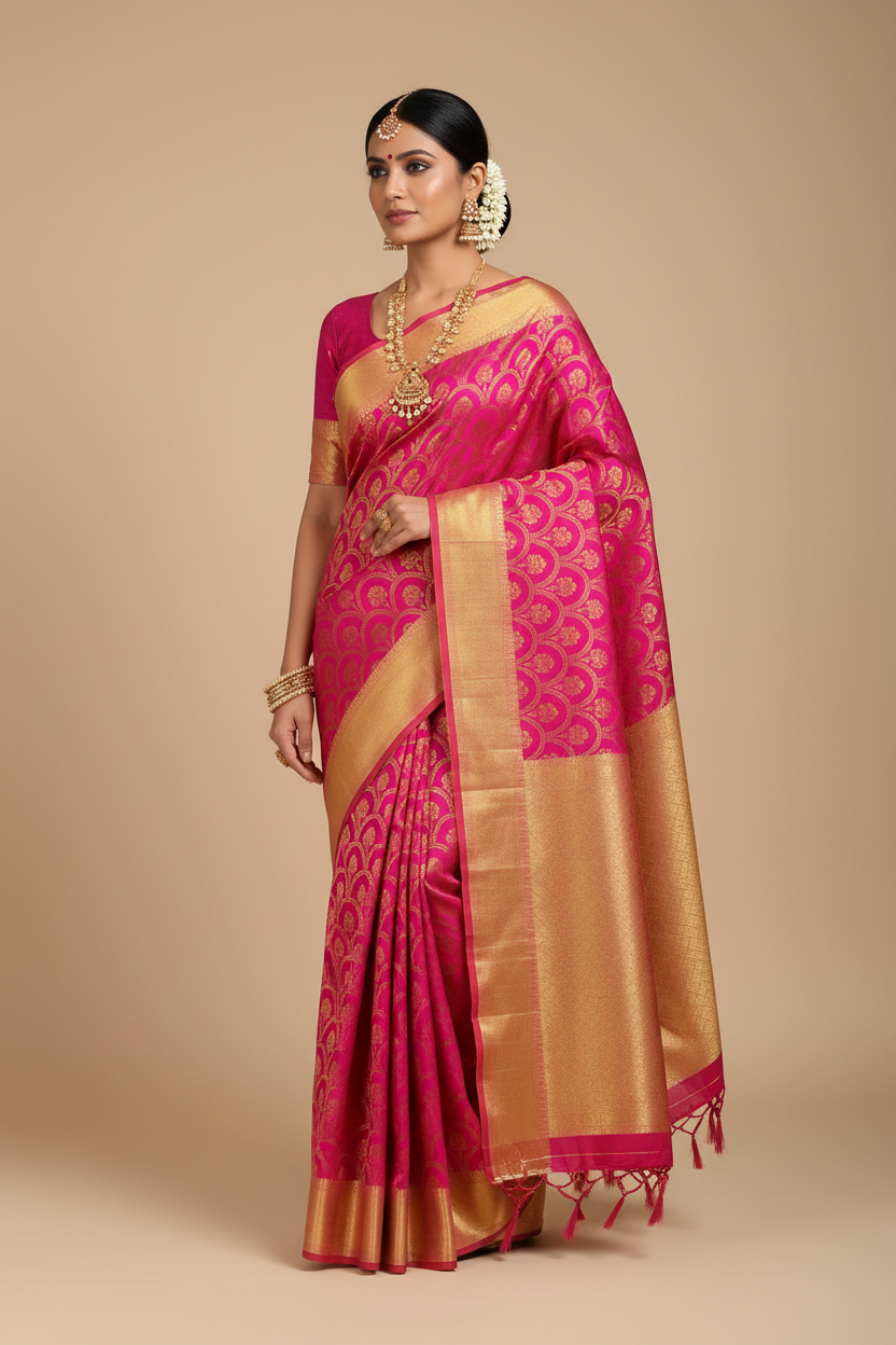 Indian Model in Hot Pink Kanjivaram with Gold Tissue Border